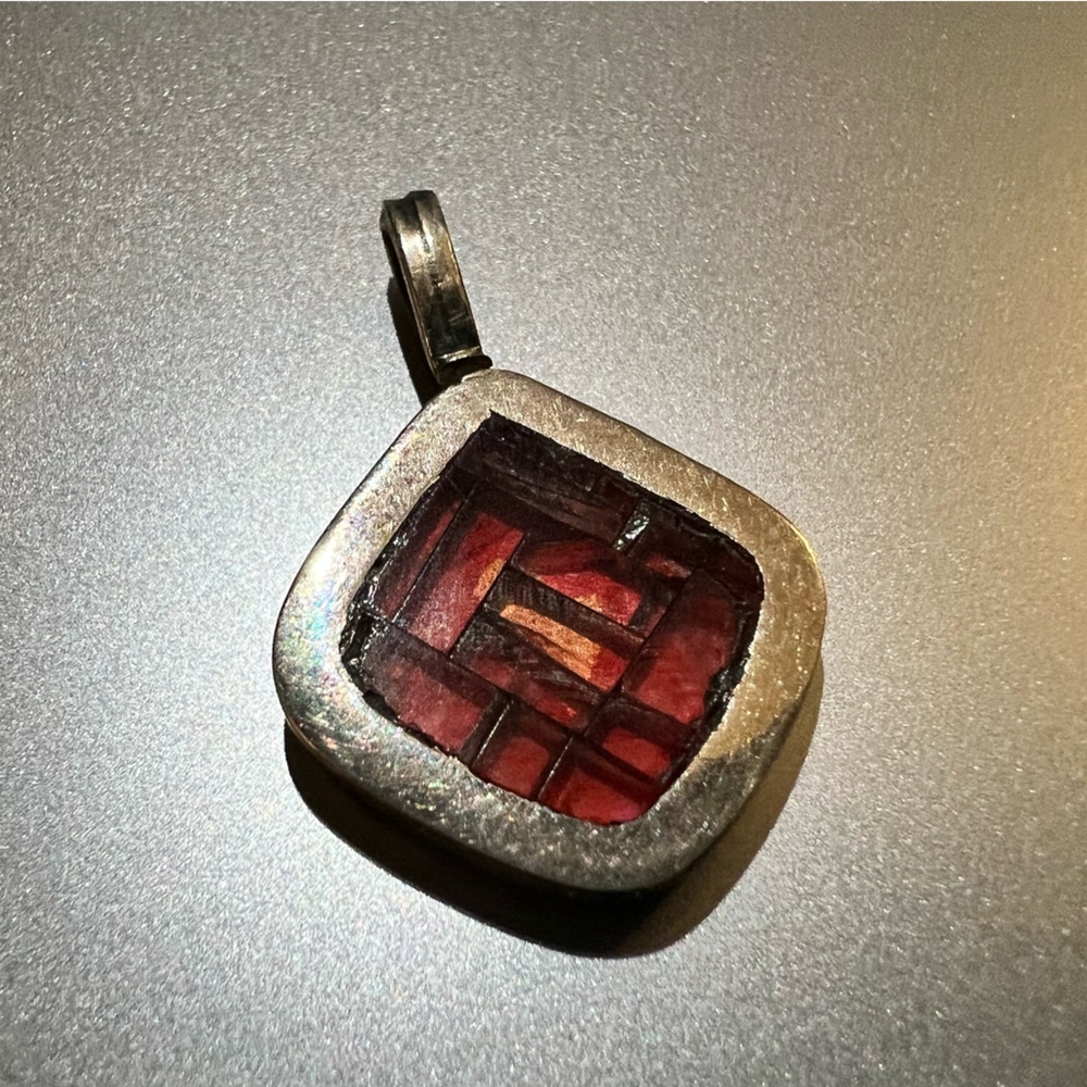 Red mosaic sterling silver closed back pendant